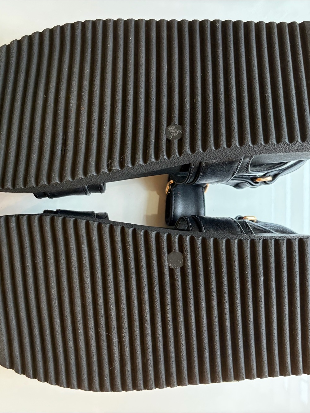 Steve Madden Black Platform Sandals with Gold Accents - Picture 4 of 5